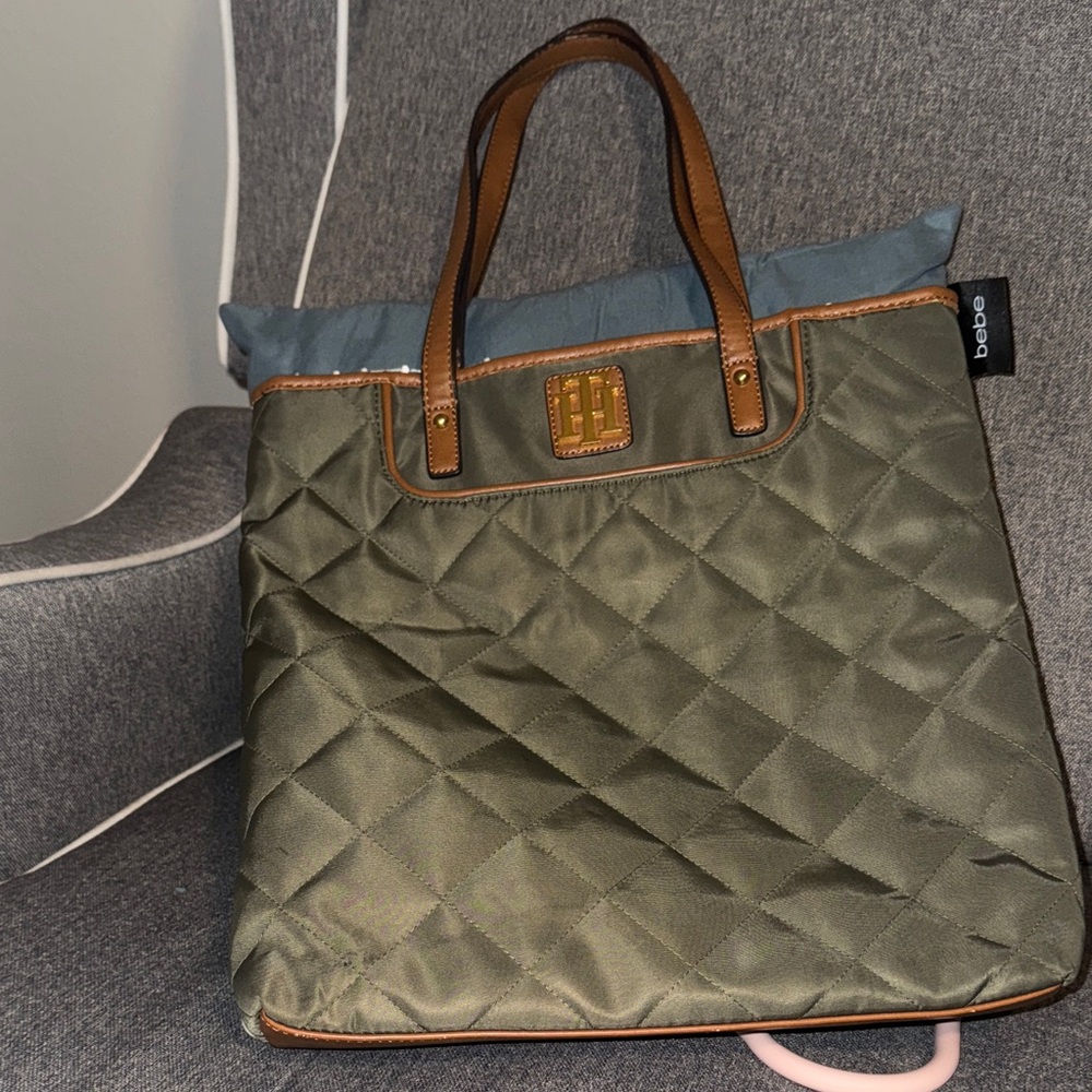 Bebe Khaki Quilted Tote with Brown Accents